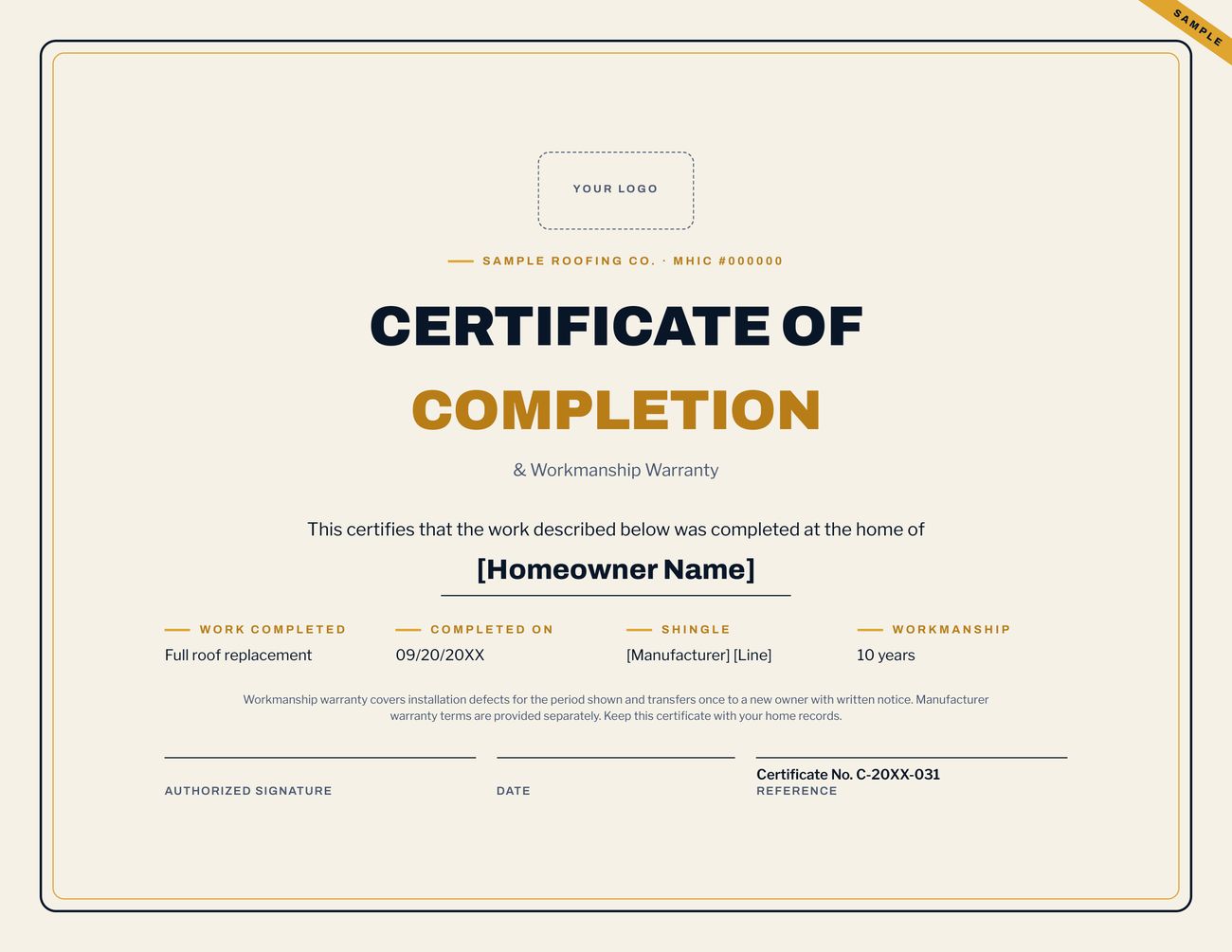 Completion Certificate sample — first page